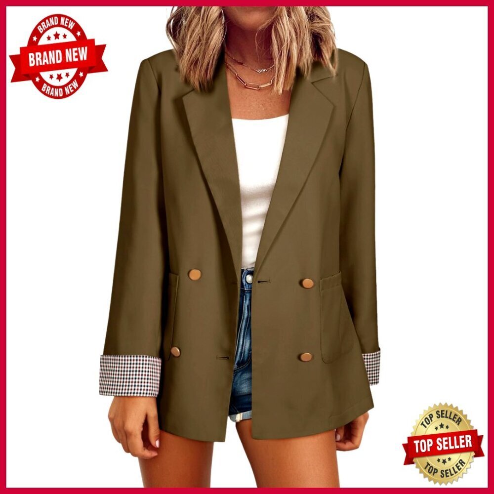 Double Breasted Plaid Cuff Blazer Business Casual Office Jacket